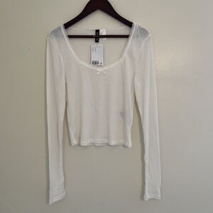 H&M Lace Trimmed Ribbed Long Sleeve Bow Kawaii Sheer Coquette Top, Cream- Small